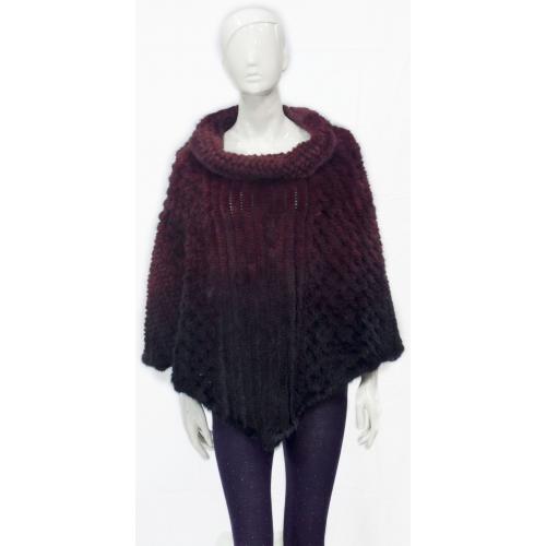 Winter Fur Burgundy Dip Dyed Knitted Mink Poncho With Shawl Collar